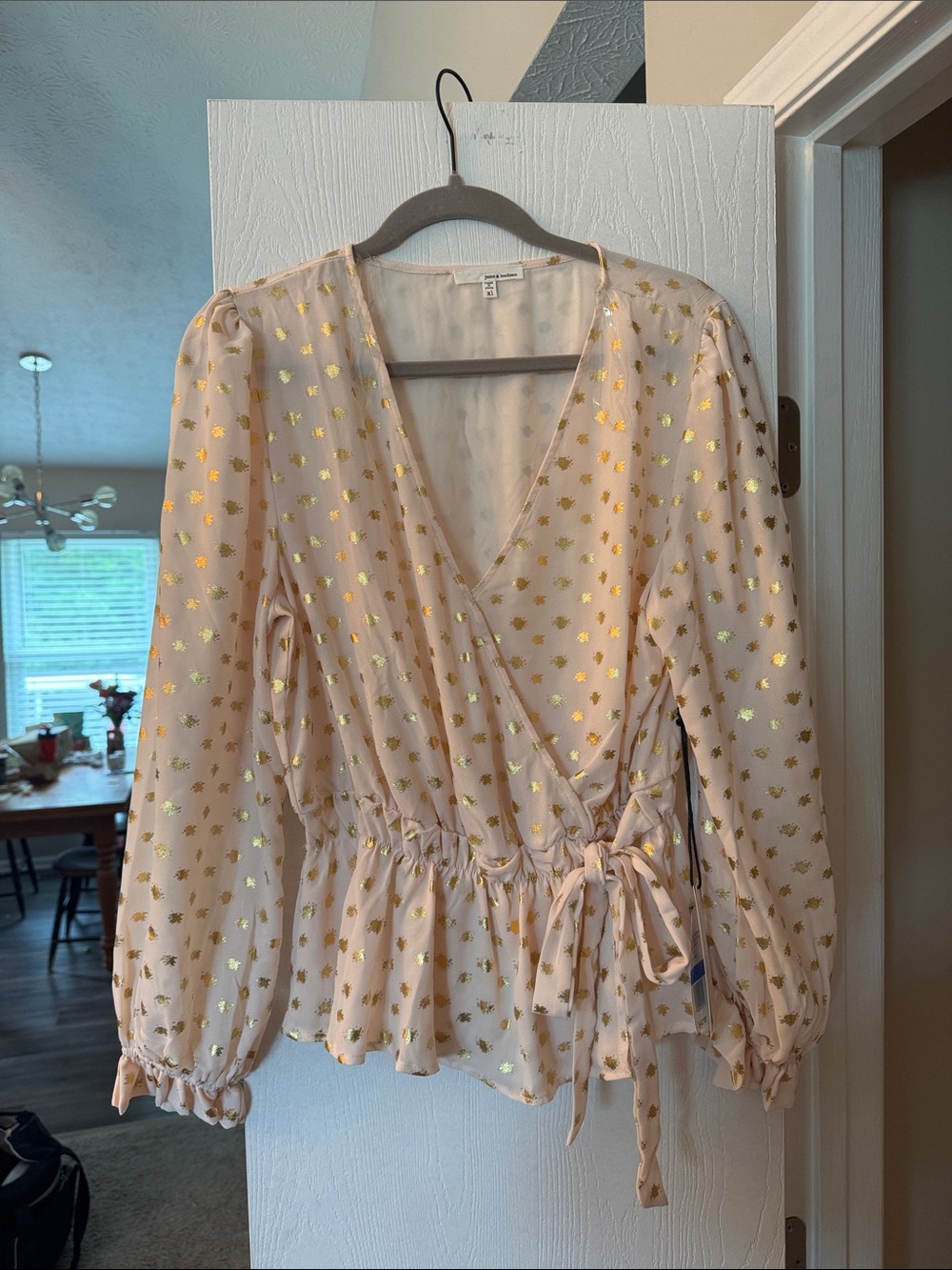 NEW WITH TAGS FROM DRY GOODS-june & hudson Light Pink Wrap Blouse with Gold Foil